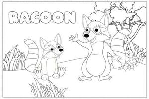 little cute raccoon in the forest coloring pages. Hand-drawn vector image.