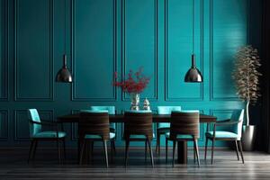 stock photo of modern wood blue dining room ultra AI Generated