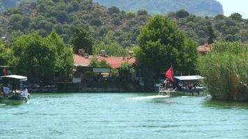 verano fiesta turístico viaje excursión barco en Turquía es yendo en un dalyan canal Entre el cañas video