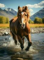 un salvaje caballo corriendo en el arroyo. salvaje o granja animales concepto por ai generado foto