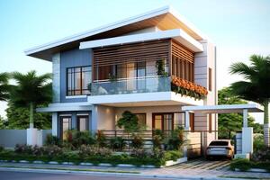 Beautiful modern house exterior with carport. Modern residential district and minimalist building concept by photo
