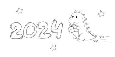 New Year Symbol Cute Baby Dragon Carries a Gift in Doodle Style vector