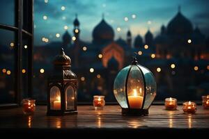 Eid mubarak and ramadan kareem greetings with islamic lantern and mosque. Eid al fitr background. Eid al fitr background of window concept by photo