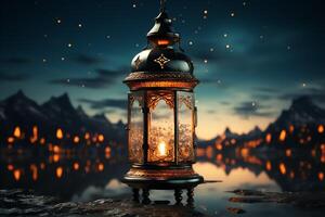 Eid mubarak and ramadan kareem greetings with islamic lantern and mosque. Eid al fitr background. Eid al fitr background of window concept by photo