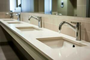 moderno público baño con fila de blanco cerámico lavar lavabo lavabos y grifo con espejo en Area de aseo concepto por ai generado foto