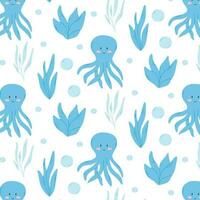 Childish seamless pattern with octopus. Analysis illustration in flat style. Kids marine print. Pattern with cute octopus and seaweed. Scandinavian style. vector