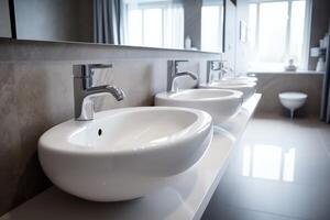 Modern public bathroom with row of white ceramic wash sink basins and faucet with mirror in restroom concept by photo