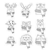 A set outline of Christmas boho animals in a scarf and a hat. Winter, autumn vector