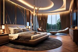 Modern bedroom interior design in apartment or house with furniture. Luxury bedroom scandinavian concept by AI Generated photo