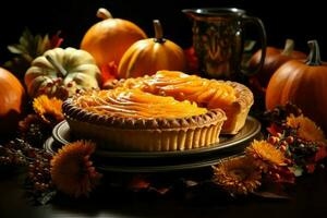 Thanksgiving day meal with pie, pumpkin, oranges, or roasted chicken in oven form. Thanksgiving food concept by AI Generated photo