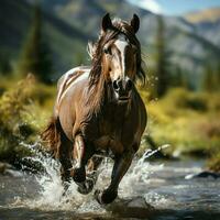 un salvaje caballo corriendo en el arroyo. salvaje o granja animales concepto por ai generado foto