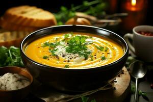 A delicious pumpkin soup food cream in a bowl. Winter food and high healthy soup meal concept by AI Generated photo