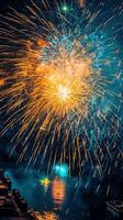 Beautiful firework show with cityscape at night for celebration happy new year. Firework display concept by photo