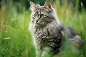 Cute cat look to the side and sitting in the garden or grass. Cat in nature habitat. Cat day concept by AI Generated photo