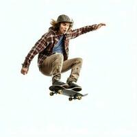 A caucasian man doing tricks or jumping on a skateboard at the street. Young man with skater jumping concept by AI Generated photo