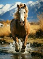 un salvaje caballo corriendo en el arroyo. salvaje o granja animales concepto por ai generado foto