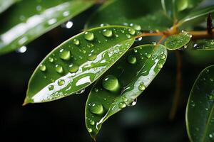 macro Disparo de verde hojas con agua gotas, Rocío o lluvia soltar en a ellos. verde hoja naturaleza bosque concepto por ai generado foto