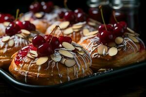 Homemade of delicious pastry or pancakes with fruit danishes and cherry. Danish pastry and dessert concept by AI Generated photo