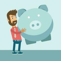 Financial concept. Man with his big piggy bank. Flat vector illustration