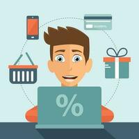 On line shopping concept. Man sitting in front of his lap top and searching for products to buy. Shopping icons. E commerce and pay per click. Flat vector illustration