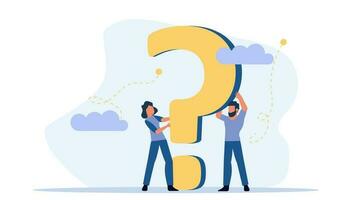 Person people question mark answer vector illustration concept action. Advice ask business cartoon FAQ help man and woman background. Problem idea confusion human. Think banner support conversation