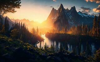 maravilloso paisaje río dorado hora caídas y montañas. generativo ai foto