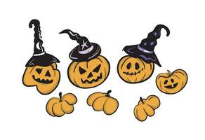 Funny pumpkins in witch hats for Halloween cartoon.Hand drawn illustration. vector