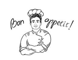 sonriente cocinero en brazos cruzado pose. contento cocinero cocinar en sombrero aislado en garabato blanco estilo. vector ilustración.