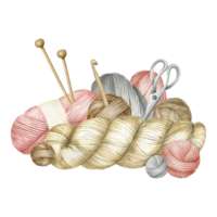 Wooden knitting needles, hook, balls of wool, skeins of yarn, scissors. Watercolor illustration. Isolated.For product packaging design, knitter blog, needlework store png