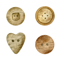 Set of different wooden buttons. Watercolor illustrations. Isolated. For product packaging design, dressmaker blog,needlework store, logo png