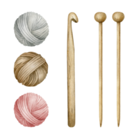 Set of yarn balls, balls of wool, skeins of yarn and wooden knitting needles, hook. Watercolor illustrations. Isolated. For product packaging design, knitter blog,needlework store png