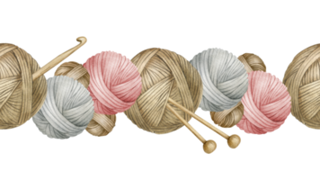 Yarn balls, balls of wool, skeins of yarn, wooden knitting needles, hooks. Watercolor seamless border. For product packaging design, knitter blog,needlework store png