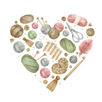 Yarn balls, wooden knitting needles, hook, balls of wool, skeins of yarn, cotton,scissors,buttons,pin,needles. Watercolor heart composition.For product packaging design, knitter blog,needlework store png