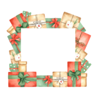 Colorful gift boxes. A frame with space for text. A wreath of gifts. Watercolor illustration. Isolated. For postcards, invitations to the holiday. png