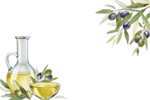 flaska av oliv olja, oliv grenar, löv och frukter. ram av grenar oliv träd. vattenfärg hand dragen illustration. för meny, förpackning design, bröllop inbjudan, spara de datum eller hälsning kort png