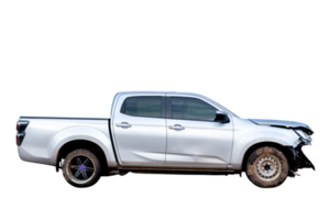 Front of gray or bronze pickup car get damaged by accident on the road. damaged cars after collision. isolated on transparent background, PNG File format