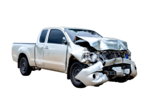Front of gray or bronze pickup car get damaged by accident on the road. damaged cars after collision. isolated on transparent background, PNG file
