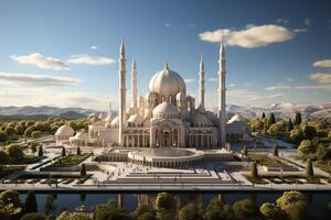 Awesome buildings of mosque in ramadan vibes. Ramadan kareem eid mubarak islamic mosque concept by photo