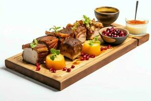 Pork belly braaivleis with mango and chili sauce served on a wooden plank. Restaurant food concept by AI Generated photo