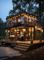 A container home building on a plot of land. 2 storey modern container house, cafe or restaurant concept by photo