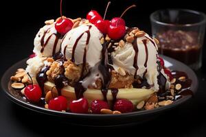 A delicious Banana split ice cream dessert with chocolate syrup. Banana split ice cream dessert by AI Generated photo