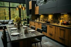 Modern kitchen interior design in apartment or house with furniture. Luxury kitchen home scandinavian concept by AI Generated photo