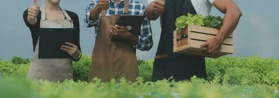 asiático mujer granjero utilizando digital tableta en vegetal jardín a invernadero, negocio agricultura tecnología concepto, calidad inteligente agricultor. foto