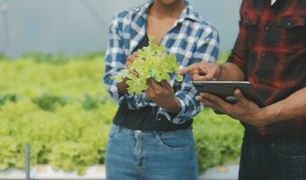 Asian woman farmer using digital tablet in vegetable garden at greenhouse, Business agriculture technology concept, quality smart farmer. photo