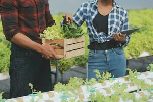 asiático mujer granjero utilizando digital tableta en vegetal jardín a invernadero, negocio agricultura tecnología concepto, calidad inteligente agricultor. foto