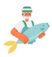 antiguo pescador participación grande pescado semi plano color vector personaje. editable medio cuerpo contento hombre en blanco. sencillo dibujos animados Mancha ilustración para web gráfico diseño