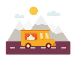 Comfortable bus riding to the mountains semi flat colour vector object. Camping van. Editable cartoon clip art icon on white background. Simple spot illustration for web graphic design