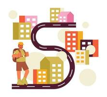 European traveler exploring cities flat concept vector spot illustration. Male tourist on serpentine road walking 2D cartoon character on white for web UI design. Isolated editable creative hero image