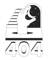 Fantasy surreal night black white error 404 flash message. Staircase crescent. Hand moon. Monochrome empty state ui design. Page not found popup cartoon image. Vector flat outline illustration concept