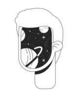 Surrealism man with cosmic face flat monochrome isolated conceptual clipart. Surreal consciousness. Editable black and white line vector object. Simple outline spot illustration for web graphic design